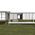 Modern Wooden House With Large Glass Windows And Wooden Structure On Green Lawn