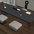 Modern Black Desk Workspace With Laptop Table Lamp Coffee Cup Notebook And Stools