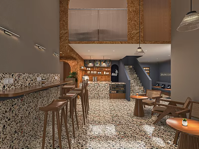 Stylish Cafe Interior Featuring Bar Counter Bar Stools Mosaic Floor Wooden Staircase And Pendant Lights 3d model