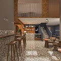 Stylish Cafe Interior Featuring Bar Counter Bar Stools Mosaic Floor Wooden Staircase And Pendant Lights