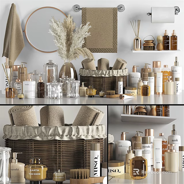 Stylish Bathroom Accessories With Wicker Storage Baskets Glass Jars Towels And Toiletries Bottles 3d model 