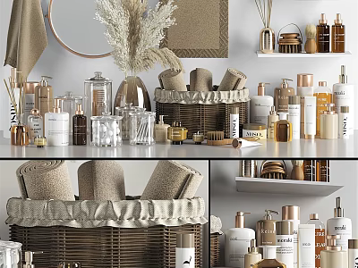 Stylish Bathroom Accessories With Wicker Storage Baskets Glass Jars Towels And Toiletries Bottles 3d model