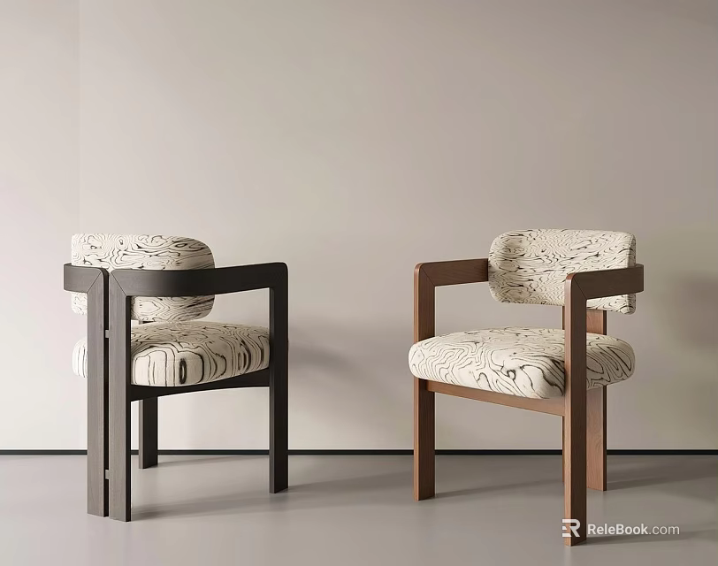 Modern Interior Featuring Two Dining Chairs With Patterned Fabric And Contrasting Frames 3d model 