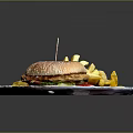 Delicious Hamburger With Sesame Bun Fresh Vegetables And Crispy French Fries On White Plate