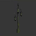 Vintage Street Lamp With Three Green Lanterns On Curved Metal Pole
