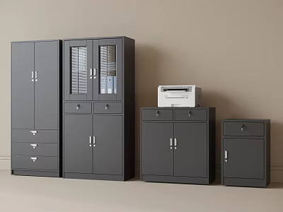 Gray Office Storage Cabinets With Glass Doors Drawers And Printer On Top 3d model