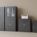 Gray Office Storage Cabinets With Glass Doors Drawers And Printer On Top