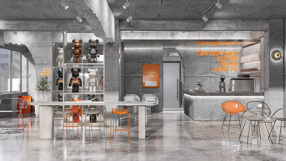 Industrial Style Cafe Interior With Concrete Walls Orange Accents And Bar Counter 3d model 