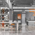 Industrial Style Cafe Interior With Concrete Walls Orange Accents And Bar Counter