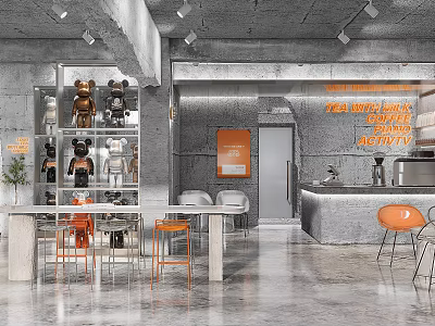 Industrial Style Cafe Interior With Concrete Walls Orange Accents And Bar Counter 3d model