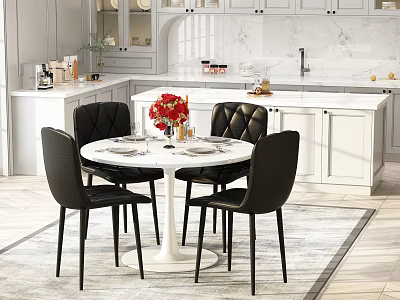 Modern Kitchen Interior With White Cabinets Round Table Black Chairs And Flower Arrangement 3d model