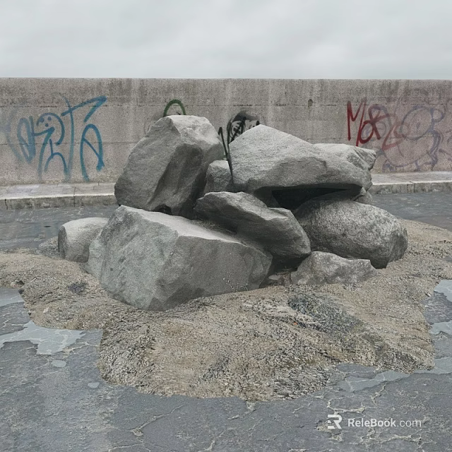 Stacked Natural Stone And Wood Structure With Graffiti Wall And Fishing Net 3d model 
