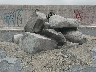 Stacked Natural Stone And Wood Structure With Graffiti Wall And Fishing Net 3d model