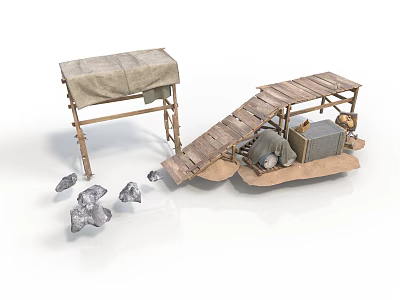 Rustic Wooden Structure With Canvas Cover And Ramp Walkway Near Stones 3d model