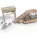 Rustic Wooden Structure With Canvas Cover And Ramp Walkway Near Stones