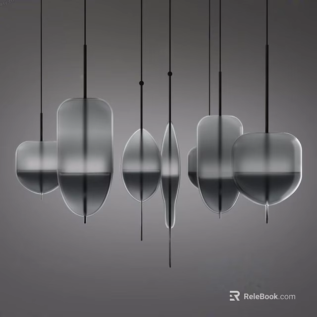 Multiple Different Shaped Transparent Translucent Chandeliers Hanging On Gray Background 3d model 