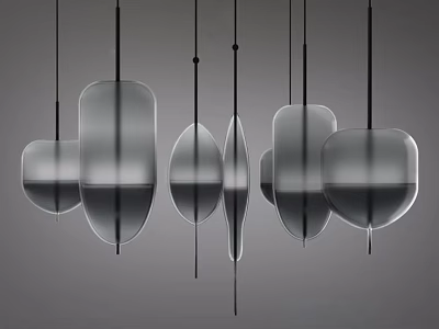 Multiple Different Shaped Transparent Translucent Chandeliers Hanging On Gray Background 3d model