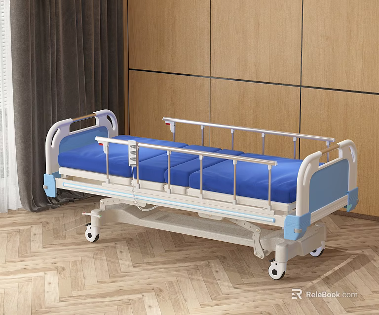Adjustable Hospital Medical Bed With Blue Mattress White Frame And Wheels 3d model 
