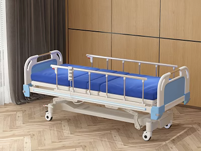 Adjustable Hospital Medical Bed With Blue Mattress White Frame And Wheels 3d model