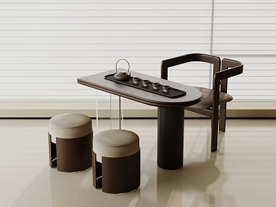 Sleek Modern Tea Table And Chair Set With Wooden Frame And Teapot Cups 3d model