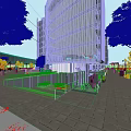 Modern Commercial Street Design Featuring Glass Facades Pedestrians Shop Windows And Greenery
