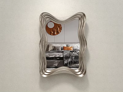 Silver Wavy Frame Mirror Reflecting Modern Living Room Interior With Sofa 3d model