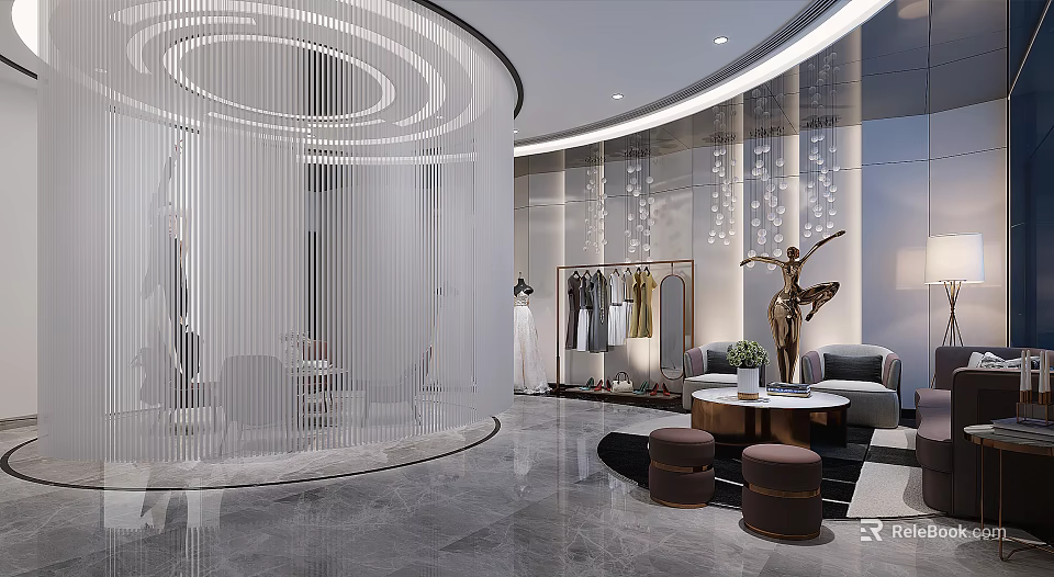 Elegant Bridal Shop Interior With Wedding Dress Displays Sofa And Decorative Statues 3d model 