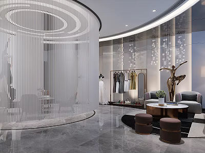 Elegant Bridal Shop Interior With Wedding Dress Displays Sofa And Decorative Statues 3d model