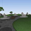 Serene Plaza Landscape with Green Grass Pine Trees and Wavy Textured Stones Ground