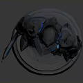 Black Armored Warrior Model With Blue Glowing Lines Holding Sword On Pedestal Base