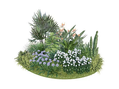 Vibrant Garden Flowers With Purple White Blooms Green Leaves And Tropical Plants 3d model
