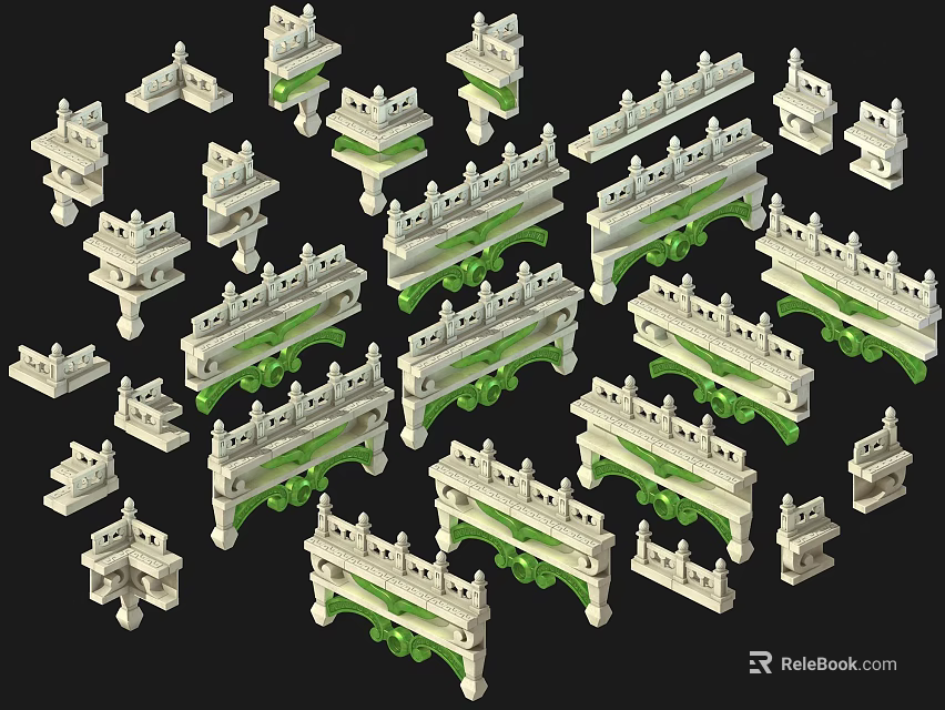Ancient Architecture Miniature Models With Various Traditional Architectural Components And Green Accents 3d model 