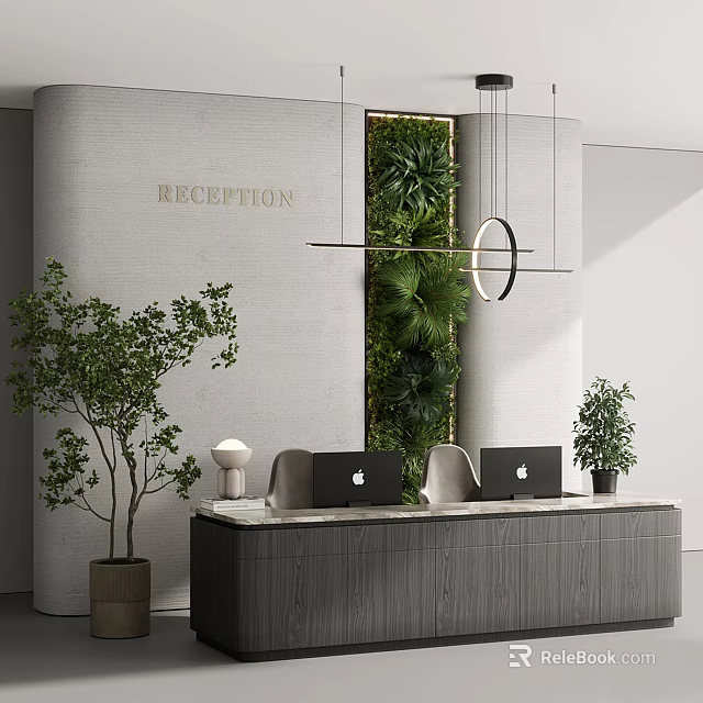 Modern Reception Desk With Green Living Wall Hanging Pendant Lights And Laptops 3d model 