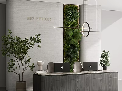 Modern Reception Desk With Green Living Wall Hanging Pendant Lights And Laptops 3d model