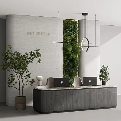 Modern Reception Desk With Green Living Wall Hanging Pendant Lights And Laptops 3d model