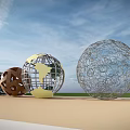 Four Spherical Hollow Design Landscape Sculptures By Waterfront With Blue Sky And Water Reflections