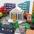 Building Blocks Red Brick Mini City Scene With Colorful Buildings Green Trees And Castle Entrance
