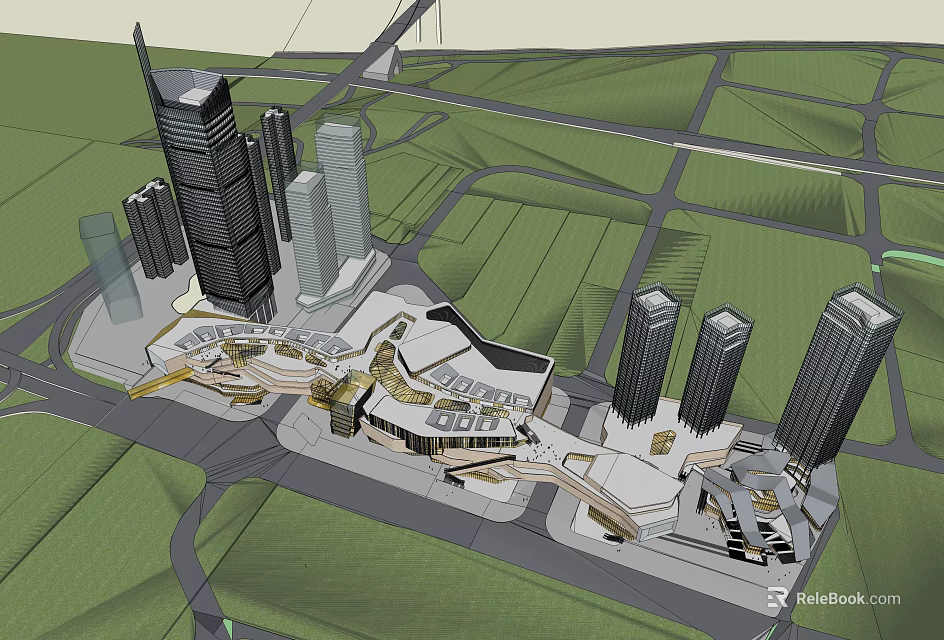 Modern Office Building Complex With Tall Skyscrapers And Green Urban Spaces 3d model 