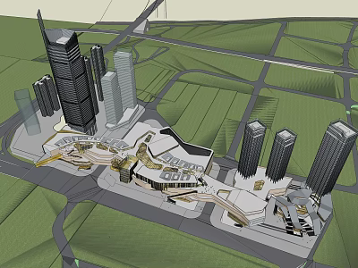 Modern Office Building Complex With Tall Skyscrapers And Green Urban Spaces 3d model