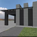 Modern Entrance Gate With Gray And Black Stone Walls Black Canopy Grass And Paved Ground