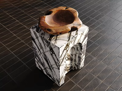 Unique Black And White Veined Marble Side Table With Natural Wooden Bowl Top 3d model