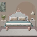 Cute Pink and White Kids Bed with Crown Headboard Nightstands Lamp and Plant Painting