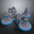3D Fantasy Architecture Model With Blue Bases Tower Like Connected Structures And Details 3d model
