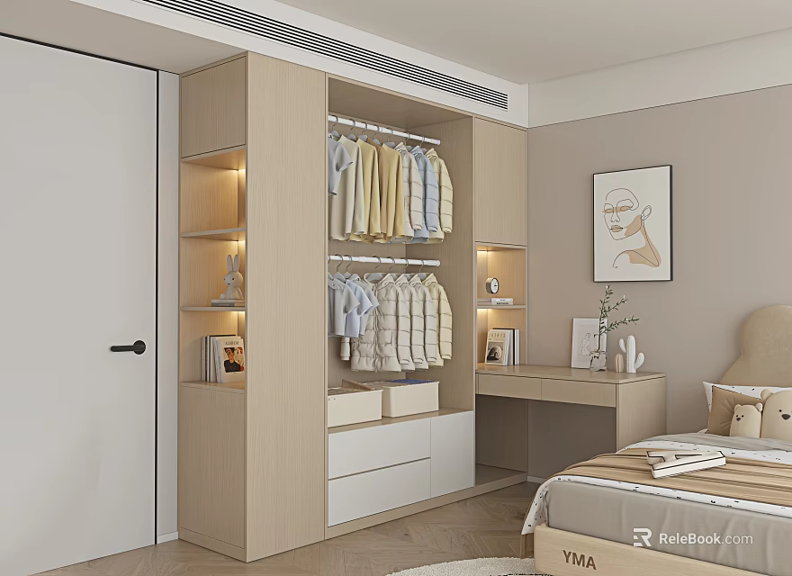 Modern Bedroom Wardrobe Design With Hanging Rods Drawers And Open Shelves 3d model 