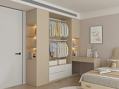 Modern Bedroom Wardrobe Design With Hanging Rods Drawers And Open Shelves 3d model