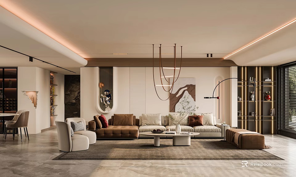 Elegant Warm Modern Living Room With Plush Sectional Sofas Stylish Chandelier And Aesthetic Home Decorations 3d model 