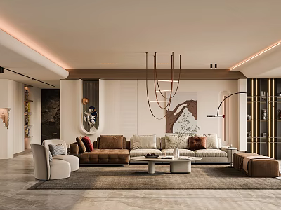 Elegant Warm Modern Living Room With Plush Sectional Sofas Stylish Chandelier And Aesthetic Home Decorations 3d model