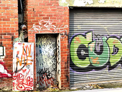 Red Brick Wall With Vibrant Graffiti Art And Colorful Designs On Roller Shutter Door 3d model