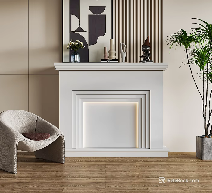 Modern White Fireplace In Minimalist Interior With Armchair And Decor 3d model 