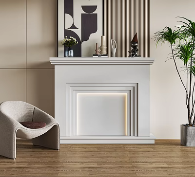 Modern White Fireplace In Minimalist Interior With Armchair And Decor 3d model
